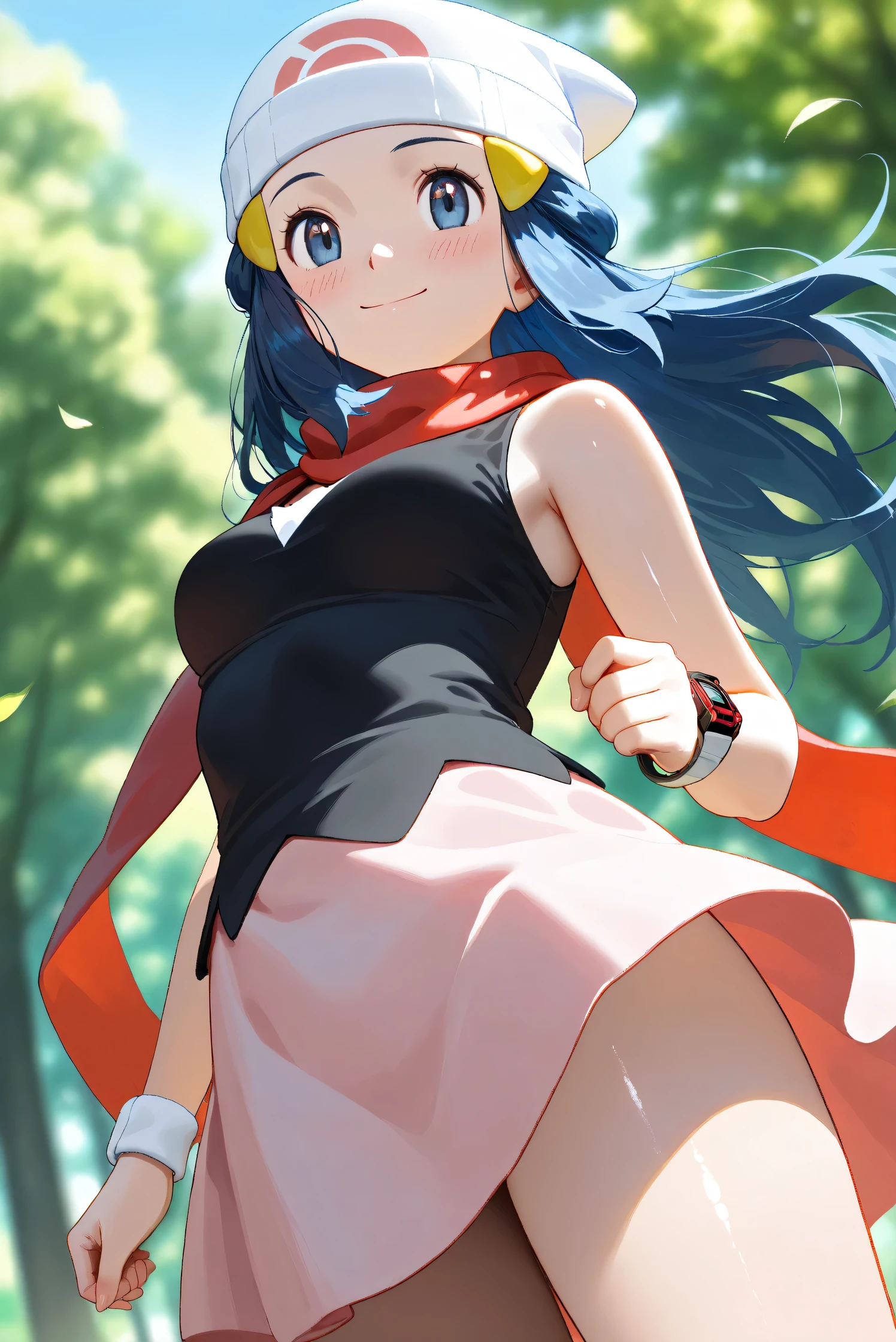 (Masterpiece), (Highest quality), (Very detailed),
(The best shape), (Best Shadow), (Absurd),
(Detailed background), (So beautiful), Shiny ,
Beautiful eyes in every detail, Extraordinary, Countershading, 8k, 32K, High resolution,
Very Detailed CG, UHD,
Score_9, Score_8_up, Score_7_up, Source_anime,
(Pastel painting:1.2), (Watercolor painting:1.2),
(Masterpiece, Detailed:1.2), (Foreshortening:1.2),
Cinematic, Dramatic, (Depth of field:1.4),
(Blurry background:1.4), (Realistic background:1.4),
(Foreshortening:1.3),Dynamic angle, 1 girl,
Outdoor, Nature, Park, Wind,
from below,
Hikari, Pokémon, Anime style,
aadawn, long hair, blue hair, beanie, white headwear, hair ornament, blue eyes, breasts, red scarf, sleeveless shirt, black shirt, wristwatch, bracelet, pink skirt,
Wristwatch on the right wrist,
(Bracelet on left wrist:1.1),
Portrait, Focus on face, (Close up shot:1.2),
(Blush:1.3), Smile, Happy, Joyful,
Shiny skin,