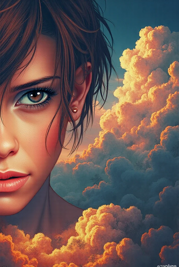 The scene has a dramatic sky and clouds in the background, In the classic comic book style, the face must be inspired by the reference image