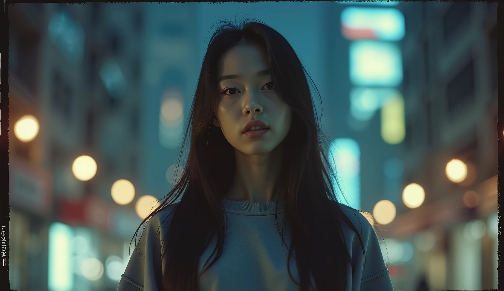 A stylish portrait of a young Japanese woman with long, straight black hair, standing upright and looking directly into the camera with a serious expression. She does not smile, and her hands are not visible in the frame. The background features softly glowing streetlights and the illuminated windows of towering skyscrapers, creating a moody urban atmosphere. The image has a grainy, Polaroid-like texture, enhancing its nostalgic and cinematic quality. She is wearing a loose-fitting sweatshirt, adding a modern yet understated elegance to the composition.
