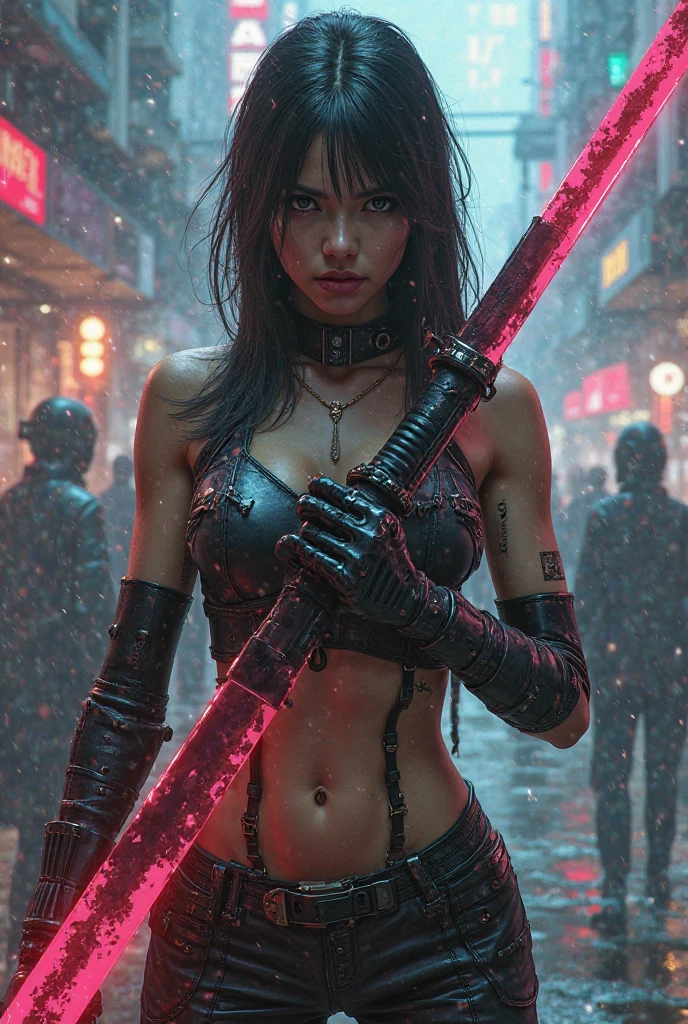 the character akali from league of legends happy holding her daggers, Tokyo cityscape at night with lots of cyber punk LED lights, and in the other hand she is holding an iPhone 13 Pro Max taking a selfie, ultra realisitic, with great quality, selfie photo size