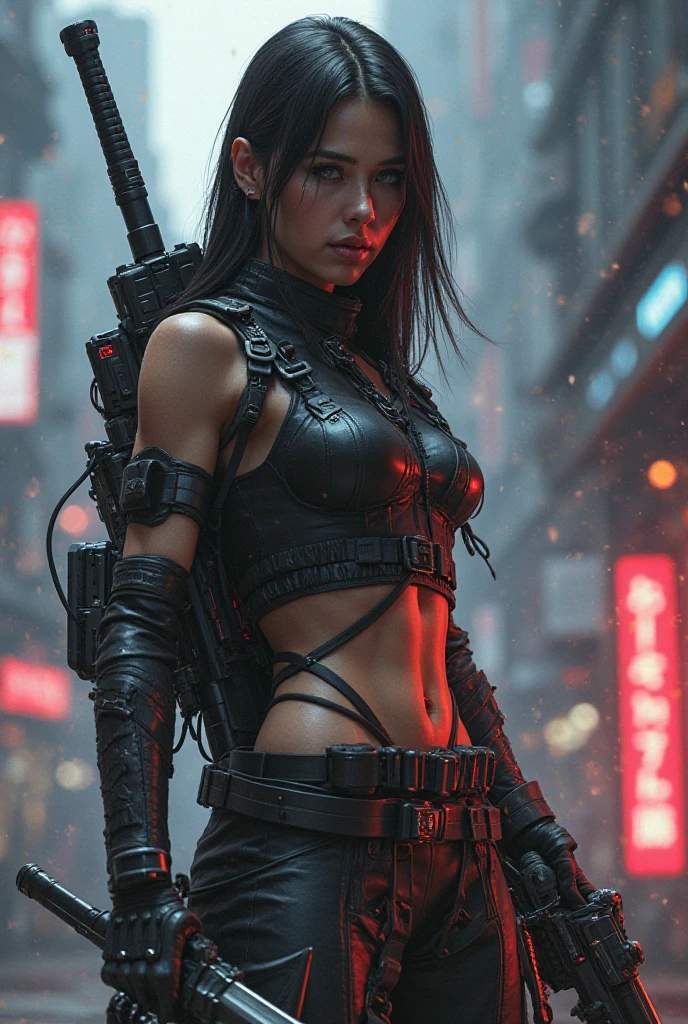 Keep the first image, Make the straps smaller, Change the gun with a futuristic Blaster and in the other hand put a sword in the same style. Extend straight hair up to about the shoulders 