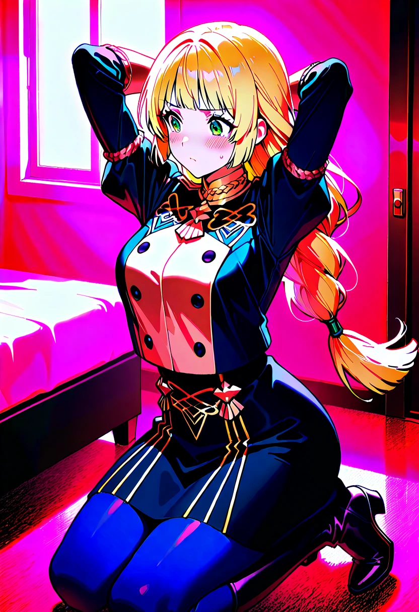 masterpiece, best quality, 1girl,blonde hair,Sui, (finely detailed heart shaped pupils and detailed face),,cowbody shot,lovestruck,extremely detailed picture unity 8k wallpaper,solo,(latex maid costume:0.9),glamour body,angry,latex thighhigh,from above,bind,hands on behind,looking at viewer,lift skirt,try to show me leotard,