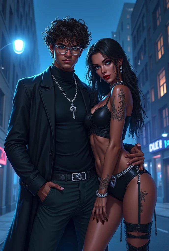 The image shows a digital illustration, maintaining the dark, urban and sensual style..
Na imagem, we see an imposing couple with gothic aesthetics and magnetic presence, in an urban night setting bathed in intense blue light. Dynamic posture 

The man, on the left, has warm black skin and dark brown hair, Short and curly. Your gaze is penetrating from behind Of the thin-rimmed glasses. Dress in dark elegance: a turtleneck blouse, dress pants, belt with chain and a long black overcoat that reinforces their silent leadership posture. On the neck, a necklace with a pendant in the shape of a key or cross, insinuating secrets and hidden power.

A mulher,  Right , has rich and luminous black skin, contrasting beautifully with your long, straight hair, black as night. She wears a black top with crossed straps, adorned with a metallic cross in the center, and short shorts with silver belt and chains. A thigh brace accentuates her boldness, while tribal tattoos or stylized marks Run your left arm like Dark snakes. Their blood-red lipstick and intense eyeliner on the eyes reinforce the aura of danger and desire.

Juntos, they seem to have come from an underworld where seduction and power go hand in hand. A couple that doesn't Ask permission — take what you want, like kings of a city plunged in darkness.