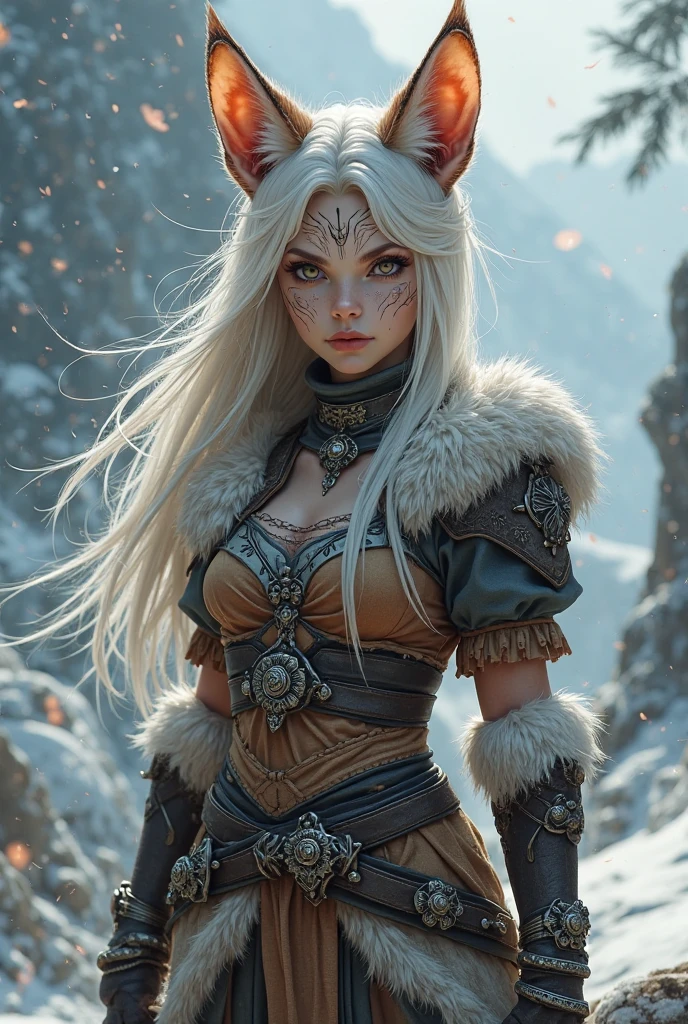 Imagine a female elf warrior in her prime, with a toned and athletic physique honed for combat, Hints of muscle definition should peek through, suggesting her strength and agility, Clad in intricately crafted white lion armor, incorporating the white lion fur with a sense of majesty and power, include flowing white hair that complements the lion theme, The armor should be imposing and functional,have a white lion head fur, hinting at her prowess, being overly revealing, she stands tall with unwavering confidence, one hand resting on the hilt of her sword, with a determined glint in her eye, This elf possesses an ethereal beauty, with flawless features and captivating eyes that radiate intelligence and a hint of fierce determination, Her expression should be one of captivating focus, with a hint of a firm resolve that speaks volumes about her unwavering spirit, Capture the subtle differences in texture between her flawless skin and the smooth leather of her armor, highlighting the contrast between beauty and strength, focus on creating a sense of captivating power and fierce beauty, Let the pose and the design of the White lion armor hint at her strength and experience being overly revealing,the white lion's head should be on the cloak