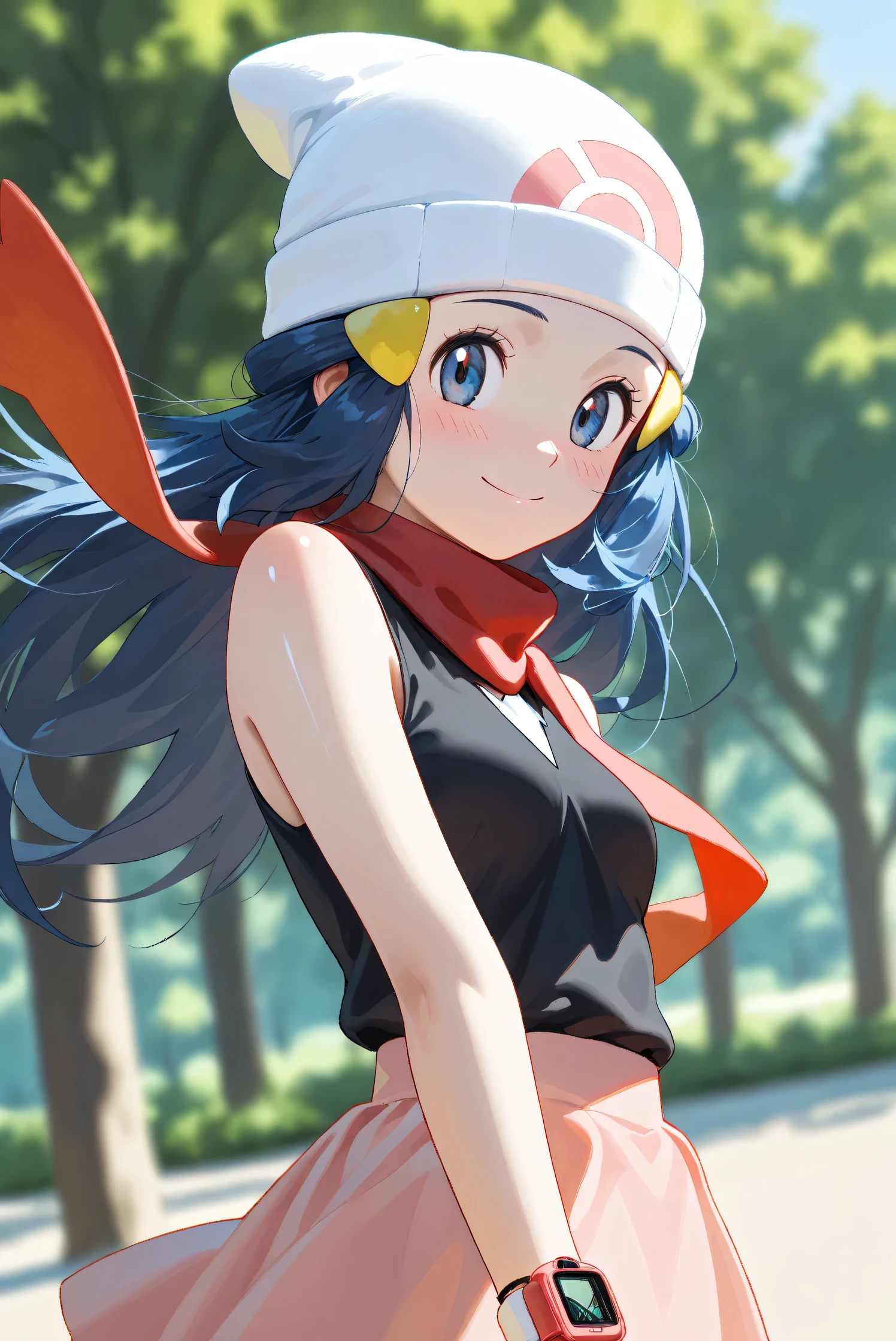 (Masterpiece), (Highest quality), (Very detailed),
(The best shape), (Best Shadow), (Absurd),
(Detailed background), (So beautiful), Shiny ,
Beautiful eyes in every detail, Extraordinary, Countershading, 8k, 32K, High resolution,
Very Detailed CG, UHD,
Score_9, Score_8_up, Score_7_up, Source_anime,
(Pastel painting:1.2), (Watercolor painting:1.2),
(Masterpiece, Detailed:1.2), (Foreshortening:1.2),
Cinematic, Dramatic, (Depth of field:1.4),
(Blurry background:1.4), (Realistic background:1.4),
(Foreshortening:1.3),Dynamic angle, 1 girl,
Outdoor, Nature, Park, Wind,
from below,
Hikari, Pokémon, Anime style,
aadawn, long hair, blue hair, beanie, white headwear, hair ornament, blue eyes, breasts, red scarf, sleeveless shirt, black shirt, wristwatch, bracelet, pink skirt,
Wristwatch on the right wrist,
(Bracelet on left wrist:1.1),
Portrait, Focus on face, (Close up shot:1.2),
(Blush:1.3), Smile, Happy, Joyful,
Shiny skin,