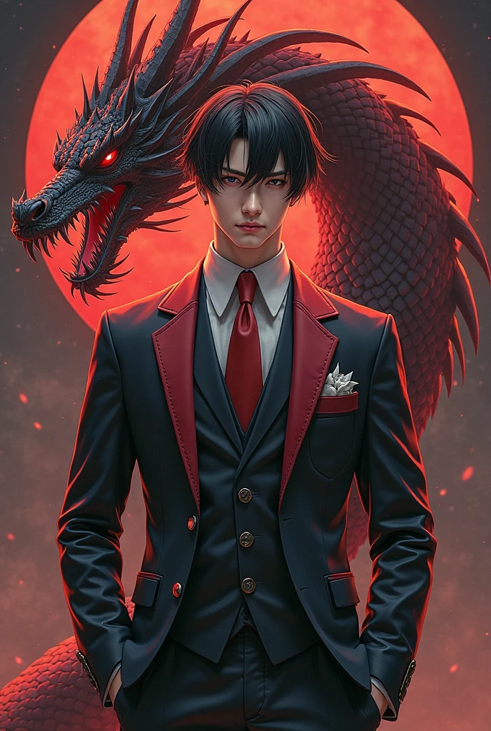  Anime man in a suit and tie with a dragon in the background,  Dragon-inspired costume, by Yang J, human-dragon fusion , handsome Japanese demon ,  handsome boy in the art of demon hunter ,  epic and elegant portrait , trend in artstation, by Oliver Sin, crimson attire,  in a black and red suit ,  highly detailed exquisite fanart , Handsome male vampire 