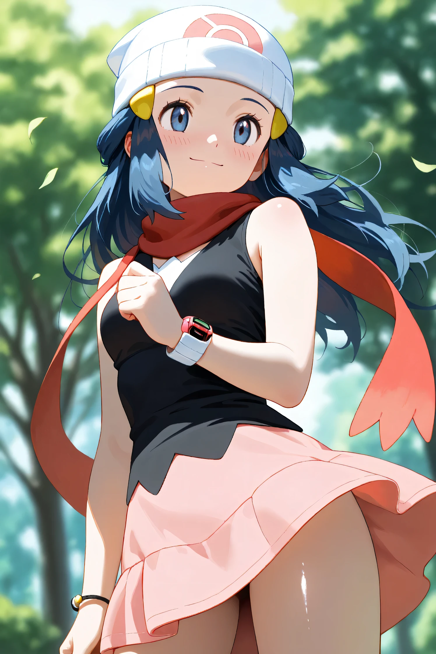 (Masterpiece), (Highest quality), (Very detailed),
(The best shape), (Best Shadow), (Absurd),
(Detailed background), (So beautiful), Shiny ,
Beautiful eyes in every detail, Extraordinary, Countershading, 8k, 32K, High resolution,
Very Detailed CG, UHD,
Score_9, Score_8_up, Score_7_up, Source_anime,
(Pastel painting:1.2), (Watercolor painting:1.2),
(Masterpiece, Detailed:1.2), (Foreshortening:1.2),
Cinematic, Dramatic, (Depth of field:1.4),
(Blurry background:1.4), (Realistic background:1.4),
(Foreshortening:1.3),Dynamic angle, 1 girl,
Outdoor, Nature, Park, Wind,
from below,
Hikari, Pokémon, Anime style,
aadawn, long hair, blue hair, beanie, white headwear, hair ornament, blue eyes, breasts, red scarf, sleeveless shirt, black shirt, wristwatch, bracelet, pink skirt,
Wristwatch on the right wrist,
(Bracelet on left wrist:1.1),
Portrait, Focus on face, (Close up shot:1.2),
(Blush:1.3), Smile, Happy, Joyful,
Shiny skin,