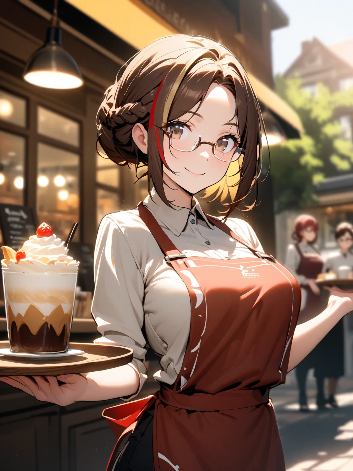 light yellow theme, 1lady, red brown hair, (dark yellow streaked hair:1.1), French braid, parted bangs, dark brown eye, rimless glasses, bright white highlights on glasses, light brown blouse, whitelogo print dark red apron, dark brown pants, beautiful ???????, Confident pose, Holding a wooden tray, smile, cafe, (朝日:1.1), upper body, look at viewer, blurry background, lensflare, lensghost, natural lighting, subtle highlights and shadows