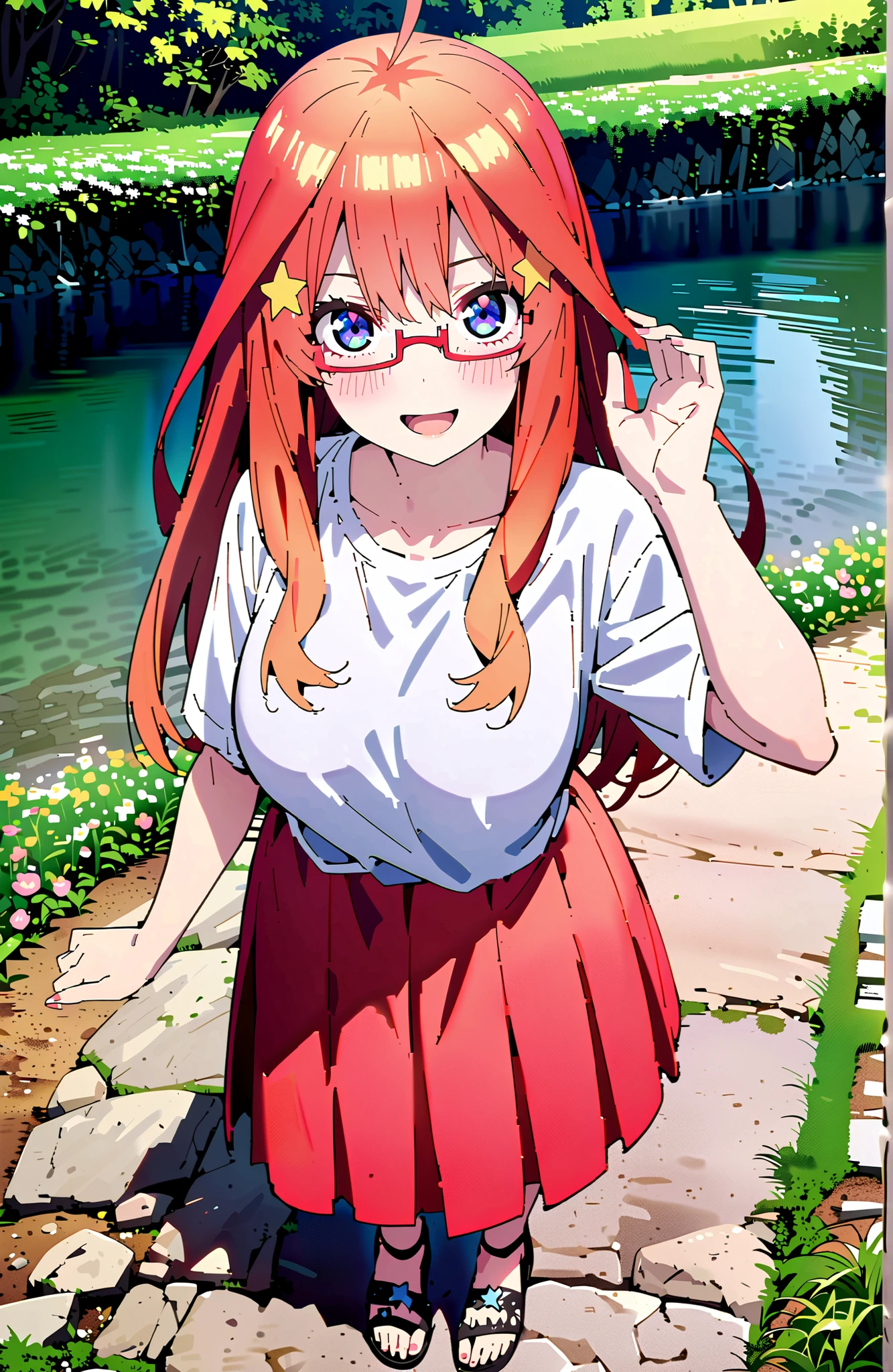 Nakano Mizuki , long hair, blue eyes, Hair Ornament, red hair,star ( symbol ), Half Rim Glasses, star Hair Ornament,Big Breasts,smile,blush,open your mouth,white oversized t-shirt, one shoulder, red long skirt,sandals,is standing,Flower Field,river,Mountain,noon,full bodyがイラストに入るように,break looking at viewer,full body,
break outdoors,nature,
break (masterpiece:1.2), best quality, high resolution, Unity 8Kの壁紙, ( illustration :0.8), (beautiful detailed eyes:1.6), very detailed face, perfect lighting, highly detailed CG, (perfect hand, perfect anatomy),