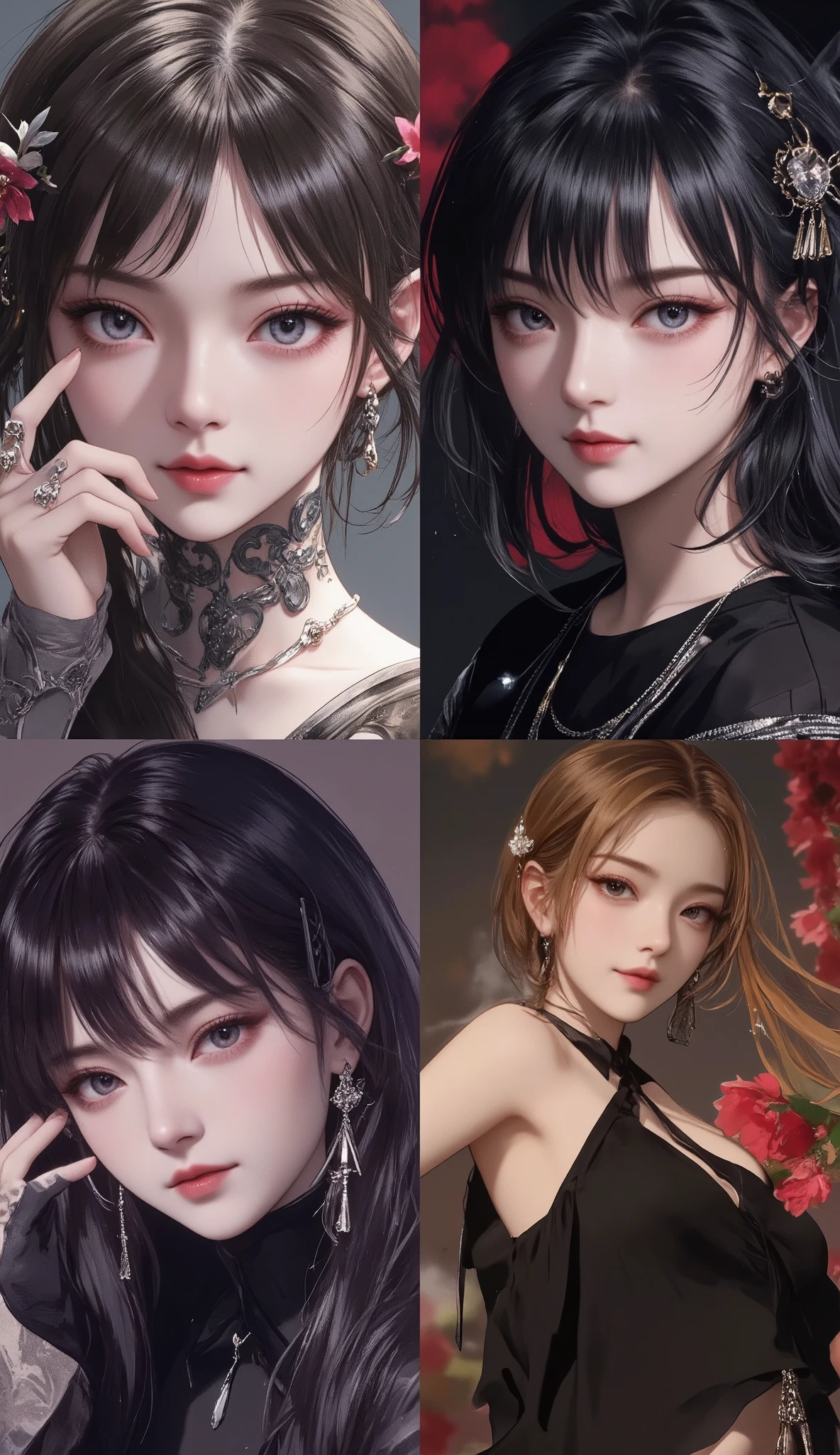 masterpiece, top quality, super res, perfect anatomy, 4 quadrants、The first is a kind woman、The second one is a smart woman、The third one is a dramatic woman、The fourth one is a bewitching woman、Please place the characters 、dramatic, dynamic, absurd, metaphysics