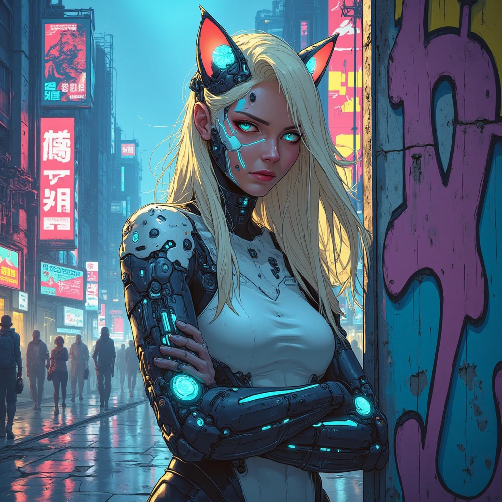 (top-quality), (​masterpiece), (hight resolution), (tmasterpiece)、 cinematric light, Cinema Shadow, Sharp Image, Extremely detailed, Volumetric, (Pink Neon City)、(cyberpunkcity), particles effect, beautiful effects, Vivid colors, neons, Neon light, colorful water splash, clear and beautiful, Mysterious, Beautifully painted,(Cockpit of a sci-fi fighter)、Tiere、(Cute cat made in cyberpunk style)、1womanl，(very long hair of white color,,,,,,30-years old，Large breasts, Huge breasts, huge-breasted, large full breasts, long drooping milk、I'm smiling、military weaponry)、(Button Up Military Uniform:1.3)、(Turbulent colorful light) 、(Full body photo)、(Angle from below)