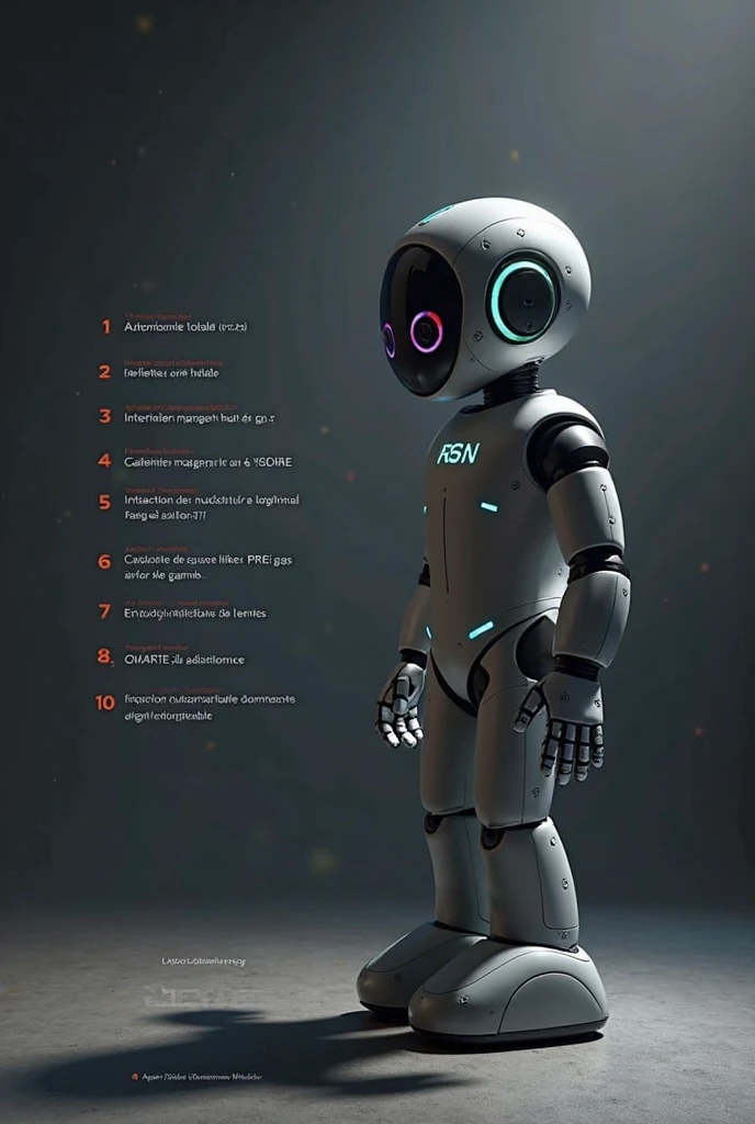 l'image présente une affiche promotionnelle pour le robot RS-N, caractérisé par "L'allié ultime d'une maison intelligente." Le robot est représenté avec un élégant, design moderne, arborant une finition gris métallisé et se tenant dans une pose détendue. Sa tête carrée affiche des lumières rondes et lumineuses yeux, suggesting des, capacités intelligentes, ET le nom "RS-N" affiché bien en évidence sur sa poitrine. Le robot se dresse sur un fond sombre, rehaussant l'atmosphère futuriste. L'éclairage est focalisé , mettant en valeur le robot, tandis qu'une série de fonctionnalités sont répertoriées à côté, y compris:
1. **Autonomie totale**: Recharge automatique et 24h/24/7 fonctionnement.
2. **Intelligence avancée (gp1.9)**: Capacité de réaction, PRÉDIRE, et s'adapter aux besoins de l'utilisateur.
3. **Entretien ménager haut de gamme**: Tâches telles que passer l'aspirateur, lavage, ranger, et tri.
4. **Ambiance optimale**: température, odeur, et contrôle de l'humidité.
5. **Éradication des nuisibles**: capacités à faire face aux risques tels que les cafards et autres.
6. **SÉCURITÉ & assistance**: Détection des anomalies, Systèmes de défense contre les gaz, et intervention d'urgence.
7. **Gestion intelligente des déchets**: Gestion automatisée des déchets et alertes.
8. **Interaction vocale fluide**: reconnaissance des commandes vocales et adaptation personnalisée.
9. **Application mobile intelligente**: App Control , visualisation, et personnalisation.
10. **design futuriste**: esthétique moderne, apparence personnalisable avec des matériaux haut de gamme.
Le prix du robot est indiqué à 15,000 euros. l'atmosphère générale de l'image est futuriste et high-tech, visant à mettre en valeur la multifonctionnalité du robot et son intégration dans les environnements domestiques intelligents.