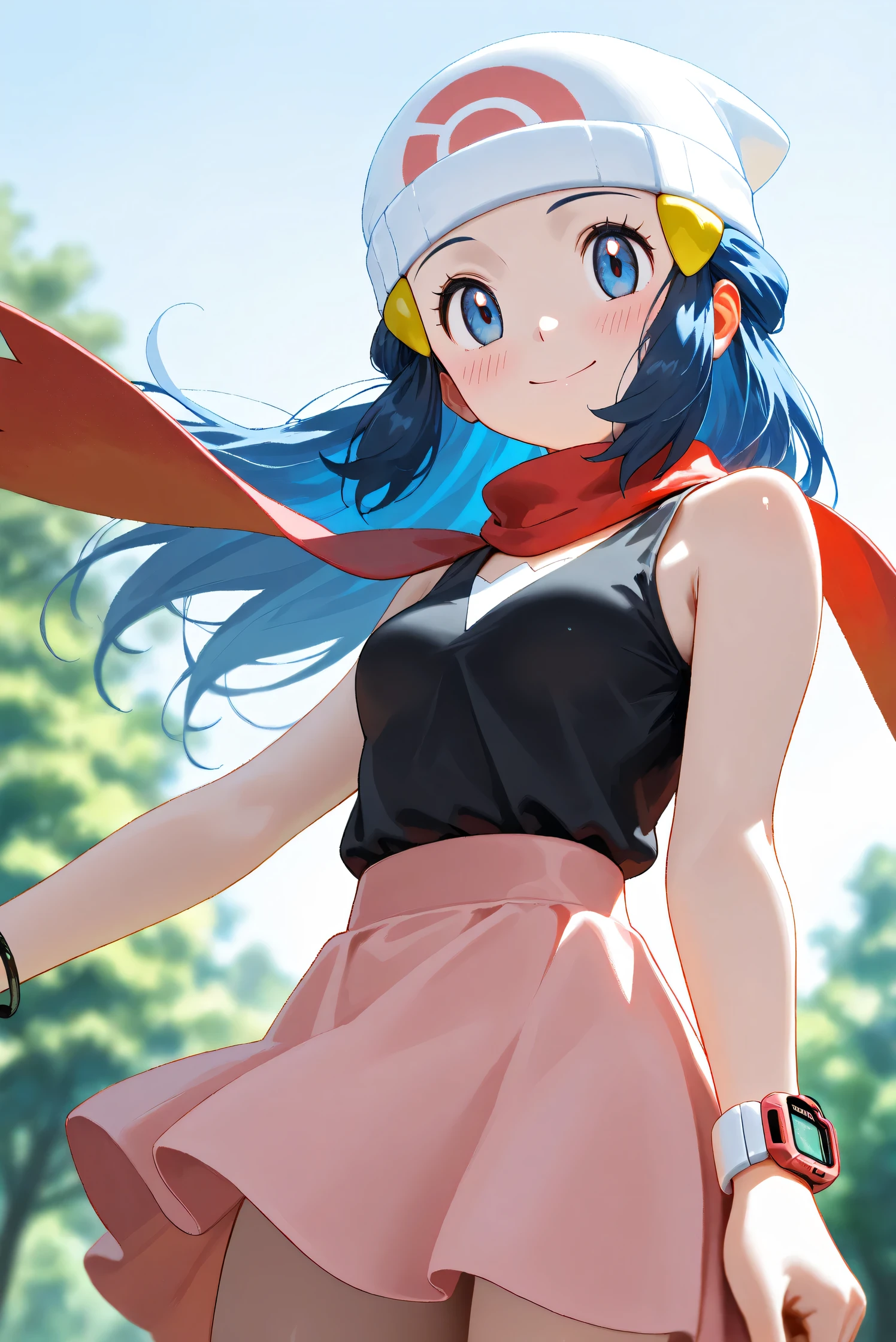 (Masterpiece), (Highest quality), (Very detailed),
(The best shape), (Best Shadow), (Absurd),
(Detailed background), (So beautiful), Shiny ,
Beautiful eyes in every detail, Extraordinary, Countershading, 8k, 32K, High resolution,
Very Detailed CG, UHD,
Score_9, Score_8_up, Score_7_up, Source_anime,
(Pastel painting:1.2), (Watercolor painting:1.2),
(Masterpiece, Detailed:1.2), (Foreshortening:1.2),
Cinematic, Dramatic, (Depth of field:1.4),
(Blurry background:1.4), (Realistic background:1.4),
(Foreshortening:1.3),Dynamic angle, 1 girl,
Outdoor, Nature, Park, Wind,
from below,
Hikari, Pokémon, Anime style,
aadawn, long hair, blue hair, beanie, white headwear, hair ornament, blue eyes, breasts, red scarf, sleeveless shirt, black shirt, wristwatch, bracelet, pink skirt,
Wristwatch on the right wrist,
(Bracelet on left wrist:1.1),
Portrait, Focus on face, (Close up shot:1.2),
(Blush:1.3), Smile, Happy, Joyful,
Shiny skin,