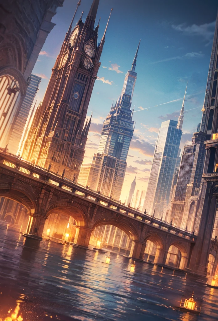 steampunk city, river, cityscape,  jrpg style,