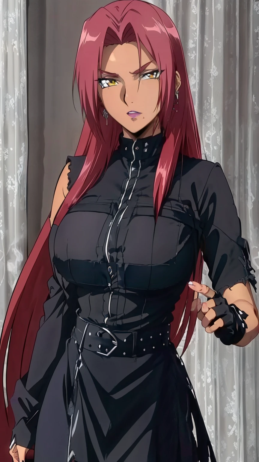 (Top quality, masterpiece, 8k:1.2), (anime coloring:1.5), (pixel-perfect, detail-perfect), very detailed, perfect hair style, beautiful eyes, perfect eyes, detailed eyes, perfect eyebrows, perfect face, detailed face, perfect hairstyle, ultra-detailed, detailed eyes, symmetrical eyes, sharp detailed, Ingrid, one girl, 20 years, adult woman, (long hair:1.3), (mature face:1.3), (yellow eyes), slim, slim body, (large breast:1.3), nffsw, (street rock fashion, (black clothes:1.3), ripped skirt, fingerless gloves, belt, natural lips, earrings, heavy makeup, street corner), looking at the viewer, in the center of the image, (beautiful_chest:1.1), (beautiful_face:1.2), (beautiful_waist:1.2), (cowboy shot), dutch angle,