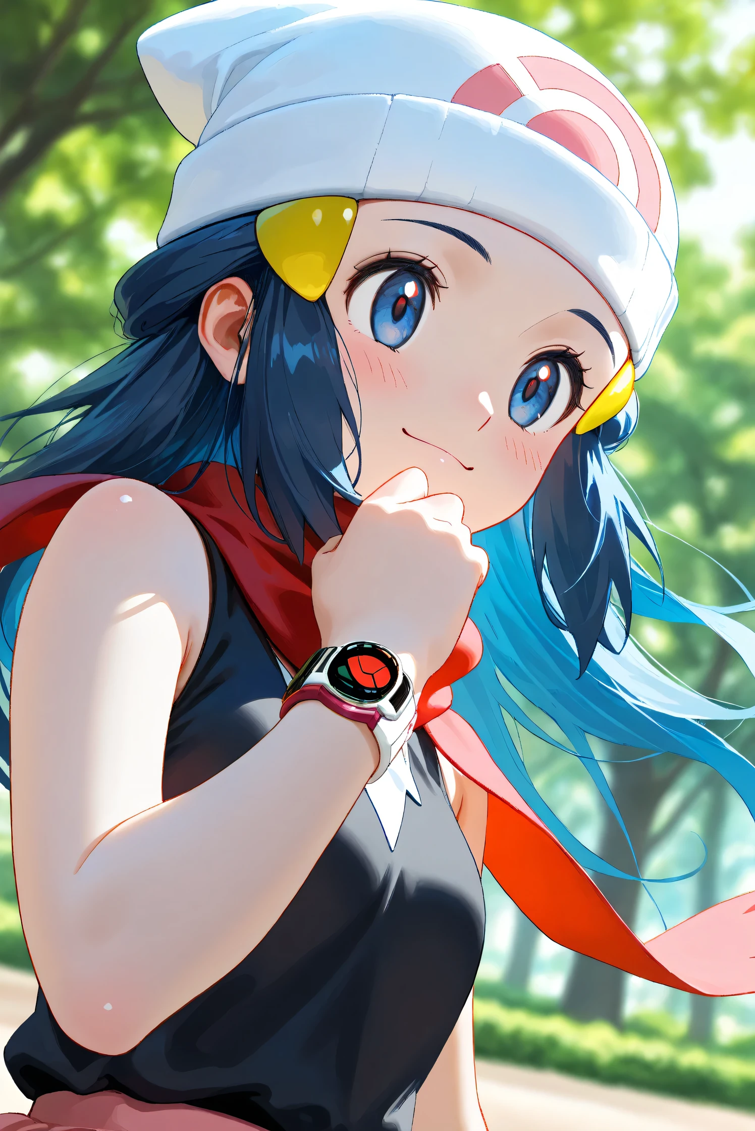 (Masterpiece), (Highest quality), (Very detailed),
(The best shape), (Best Shadow), (Absurd),
(Detailed background), (So beautiful), Shiny ,
Beautiful eyes in every detail, Extraordinary, Countershading, 8k, 32K, High resolution,
Very Detailed CG, UHD,
Score_9, Score_8_up, Score_7_up, Source_anime,
(Pastel painting:1.2), (Watercolor painting:1.2),
(Masterpiece, Detailed:1.2), (Foreshortening:1.2),
Cinematic, Dramatic, (Depth of field:1.4),
(Blurry background:1.4), (Realistic background:1.4),
(Foreshortening:1.3),Dynamic angle, 1 girl,
Outdoor, Nature, Park, Wind,
from below,
Hikari, Pokémon, Anime style,
aadawn, long hair, blue hair, beanie, white headwear, hair ornament, blue eyes, breasts, red scarf, sleeveless shirt, black shirt, wristwatch, bracelet, pink skirt,
Wristwatch on the right wrist,
(Bracelet on left wrist:1.1),
Portrait, Focus on face, (Close up shot:1.2),
(Blush:1.3), Smile, Happy, Joyful,
Shiny skin,
