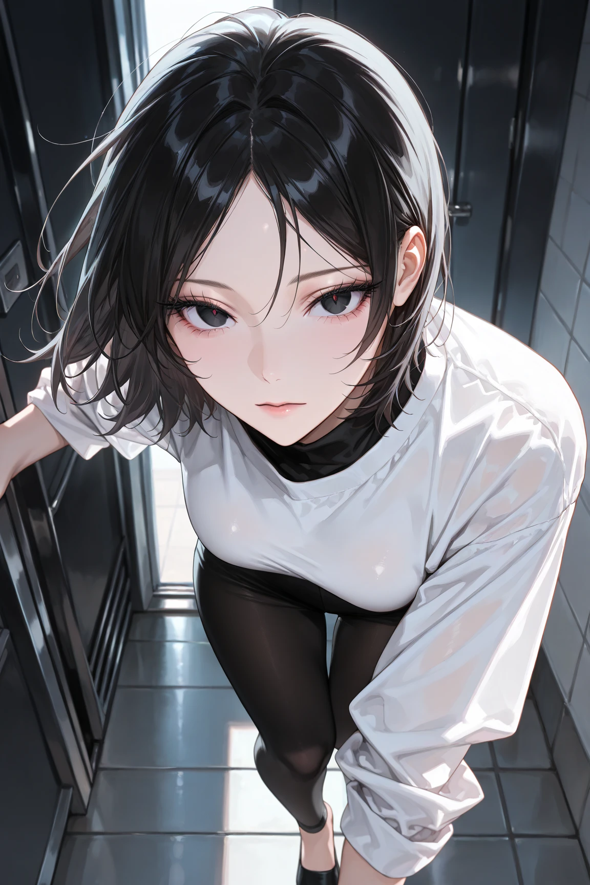 goth woman with a hoodie, black makeup, red eyes, black clothes, depressed