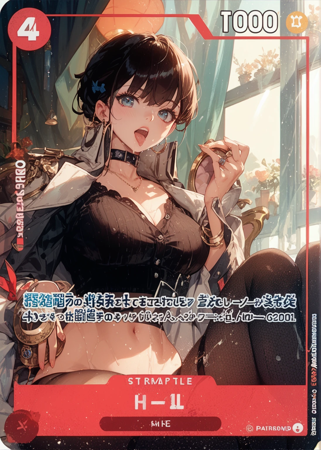 (((round face))), drooping eyes, shame, focus on her mouth, ecstasy face, lewd girl, (casual clothes, unbuttoned-shirt, tiny-mesh-panties in her long-skirt), ((masturbating while she is touching her body by herself, tongue)), braid, (((art nouveau))), angle from below,