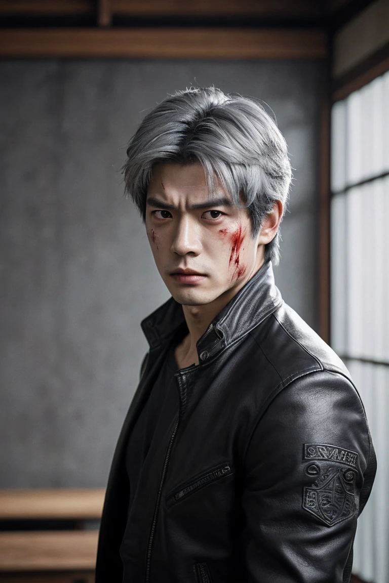 Japanese Man ((Gray hair)), muscular, цифровое искусство inspired by Zhang Han, pose very aesthetic leather black jacket in tactful style, Japanese room background ruin, ((masterpiece)),((Best quality)),8 k,Highly detailed, super detailed, depth of field, wide angle,1 boy, male focus, One, pretty face, blood on face, neutral expression, cinematic pain pose, surround lighting, Real skin texture, injuries, scars, (lots of blood on clothes), blood on the body 