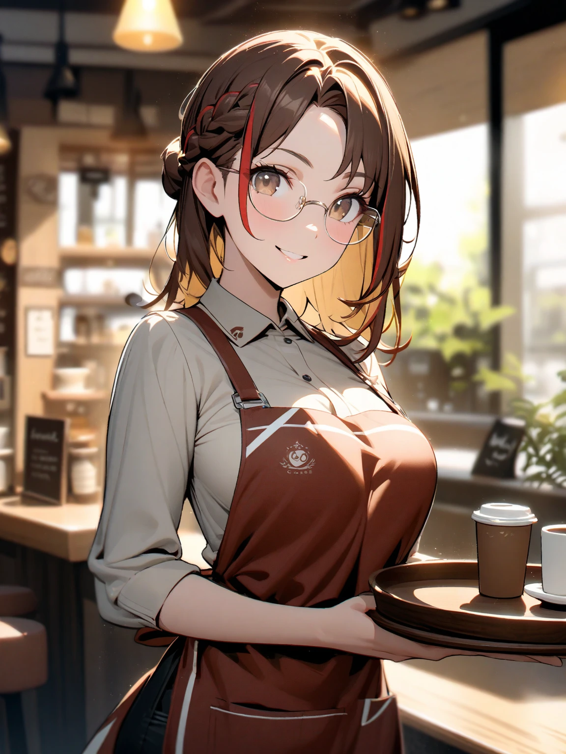 light yellow theme, 1lady, red brown hair, (dark yellow streaked hair:1.1), French braid, parted bangs, dark brown eye, rimless glasses, bright white highlights on glasses, light brown blouse, whitelogo print dark red apron, dark brown pants, beautiful ???????, Confident pose, Holding a wooden tray, smile, cafe, (朝日:1.1), upper body, look at viewer, blurry background, lensflare, lensghost, natural lighting, subtle highlights and shadows