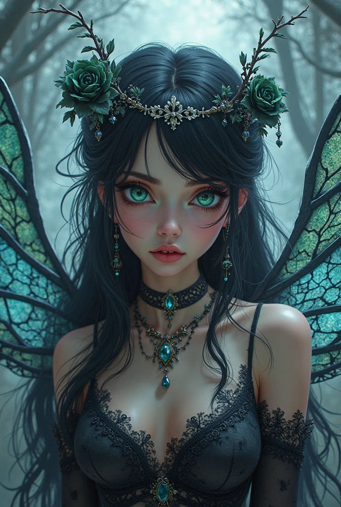 Transparent Sylphid, goddess, Gothic,Long Green Hair, Light purple eyes, jewelry, bracelet, Feather Lingerie,Arrow of Light, fire Fly,night,lake
