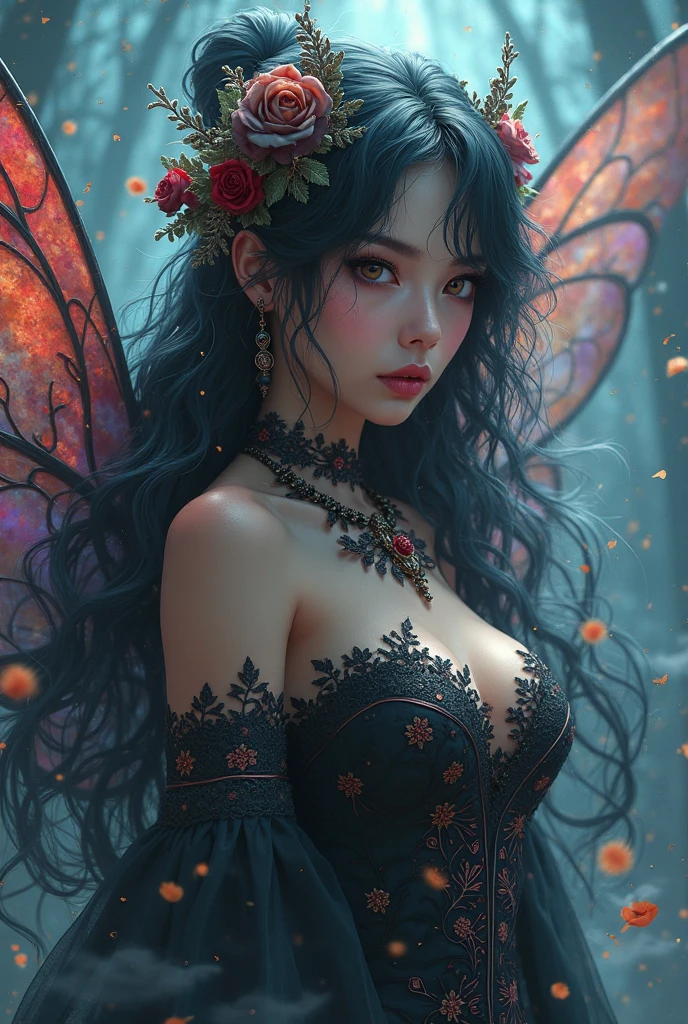 masterpiece, best quality, a red rose fairy, extremely gorgeous and delicate, long wavy black hair, extremely defined on body, has wings, sparkling, detailed on face and dress, designing and inspire with red rose