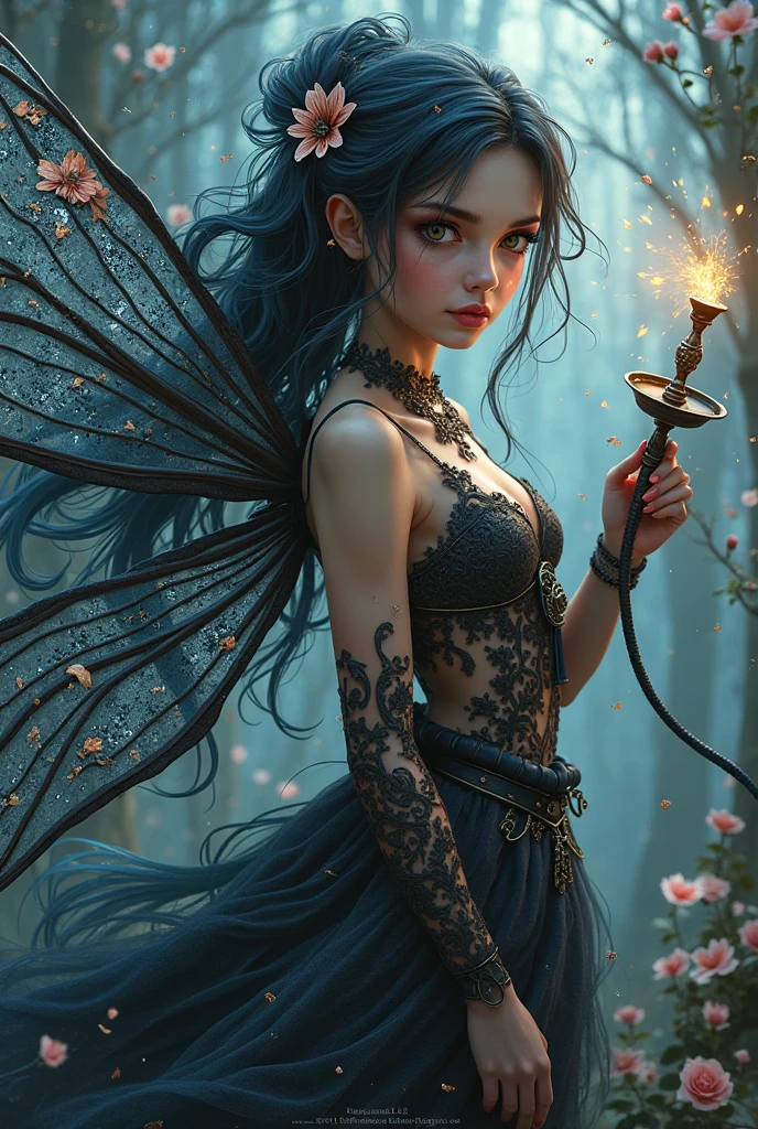 high details, best quality, 16k, RAW, [best detailed], masterpiece, best quality, (extremely detailed), full body, ultra wide shot, photorealistic, dark fantasy art, goth art, RPG art, D&D art, a picture of a dark female fairy in a goth church extremely beautiful fairy, ultra feminine (intense details, Masterpiece, best quality), best detailed face (intense details, Masterpiece, best quality), having wide butterfly wings, spread butterfly wings (intense details, Masterpiece, best quality), dark colors wings (intense details, Masterpiece, best quality), black hair, long hair, shinning hair, flowing hair, dark smile, wicked smile, blue eyes, dark red lips, wearing [red] dress latex corset (intense details, Masterpiece, best quality), dynamic elegant dress bondage gear, chocker, wearing high heels, in flower shop (intense details, Masterpiece, best quality), [extreme many flowers] (intense details, Masterpiece, best quality), dark colorful flowers (intense details, Masterpiece, best quality), flower shop in a dark goth era street background, dim light, cinematic light, gaslight lamp light, High Detail, Ultra High Quality, High Resolution, 16K Resolution, Ultra HD Pictures, 3D rendering Ultra Realistic, Clear Details, Realistic Detail, Ultra High Definition