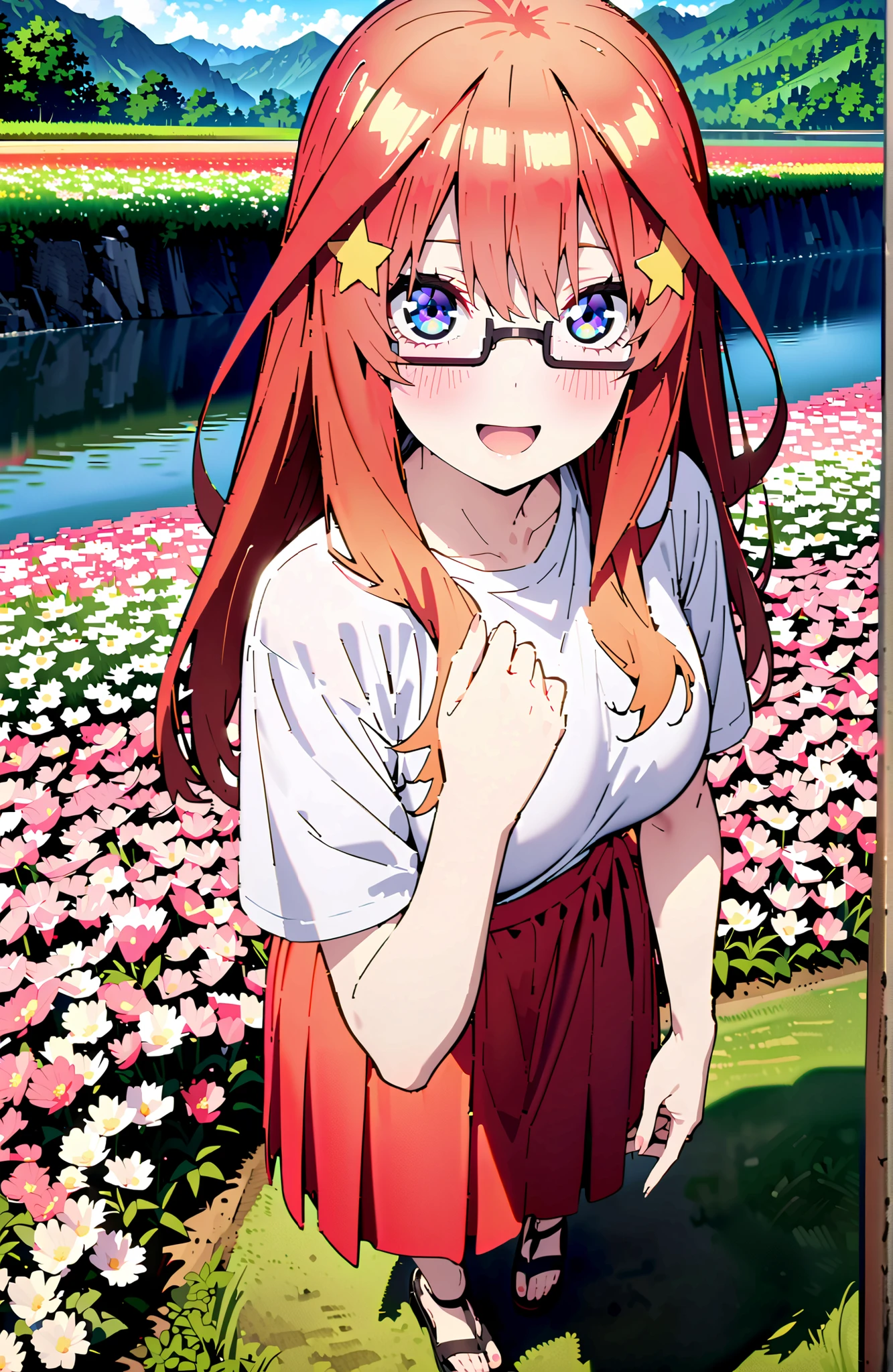 Nakano Mizuki , long hair, blue eyes, Hair Ornament, red hair,star ( symbol ), Half Rim Glasses, star Hair Ornament,Big Breasts,smile,blush,open your mouth,white oversized t-shirt, one shoulder, red long skirt,sandals,is standing,Flower Field,river,Mountain,noon,full bodyがイラストに入るように,break looking at viewer,full body,
break outdoors,nature,
break (masterpiece:1.2), best quality, high resolution, Unity 8Kの壁紙, ( illustration :0.8), (beautiful detailed eyes:1.6), very detailed face, perfect lighting, highly detailed CG, (perfect hand, perfect anatomy),