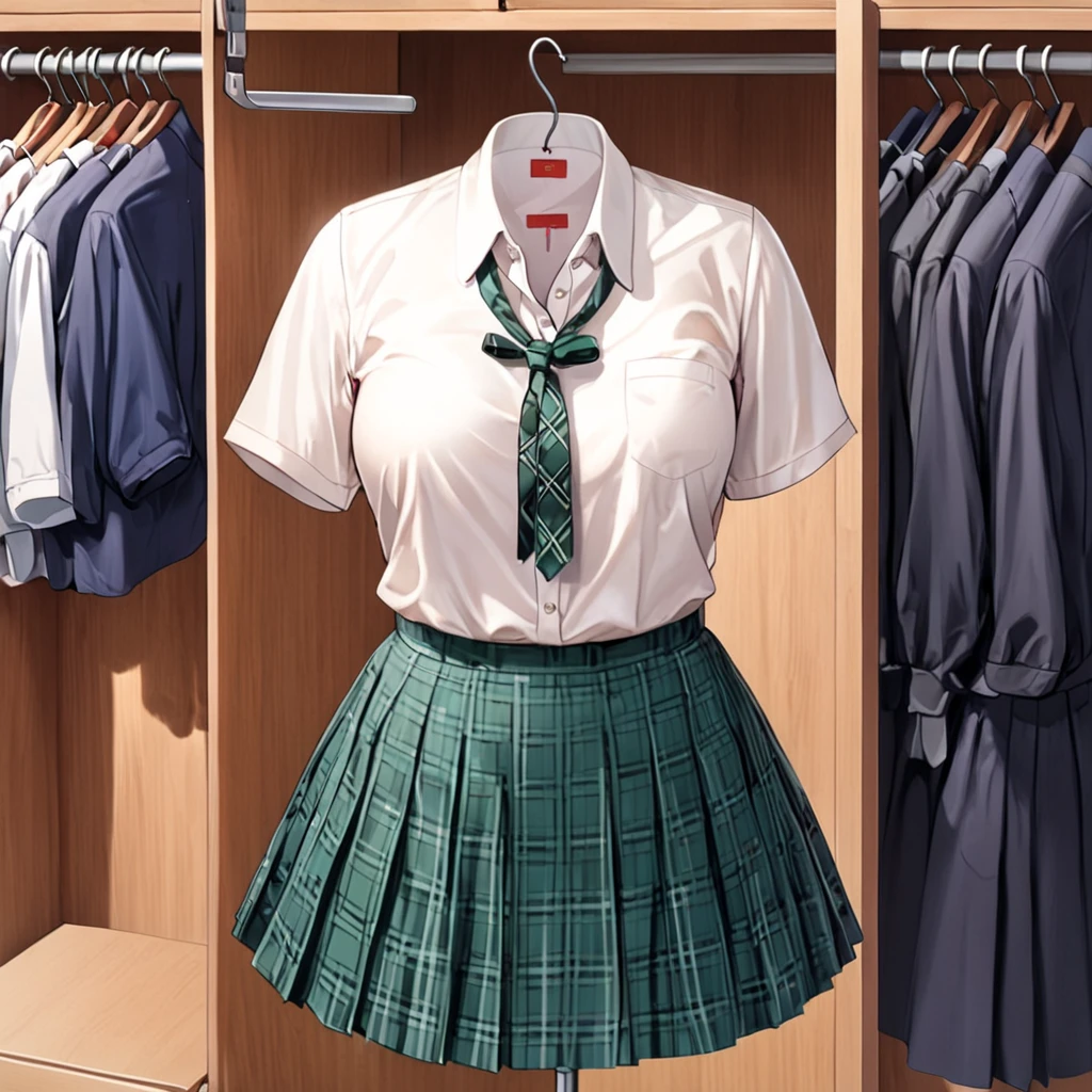 school uniform, ((invisible, no humans:1.5, headless:1.5, handless, legless)), (detailed), (photo realistic:1.8), (photon mapping), (8k), (big breast), on hanger,  in closet