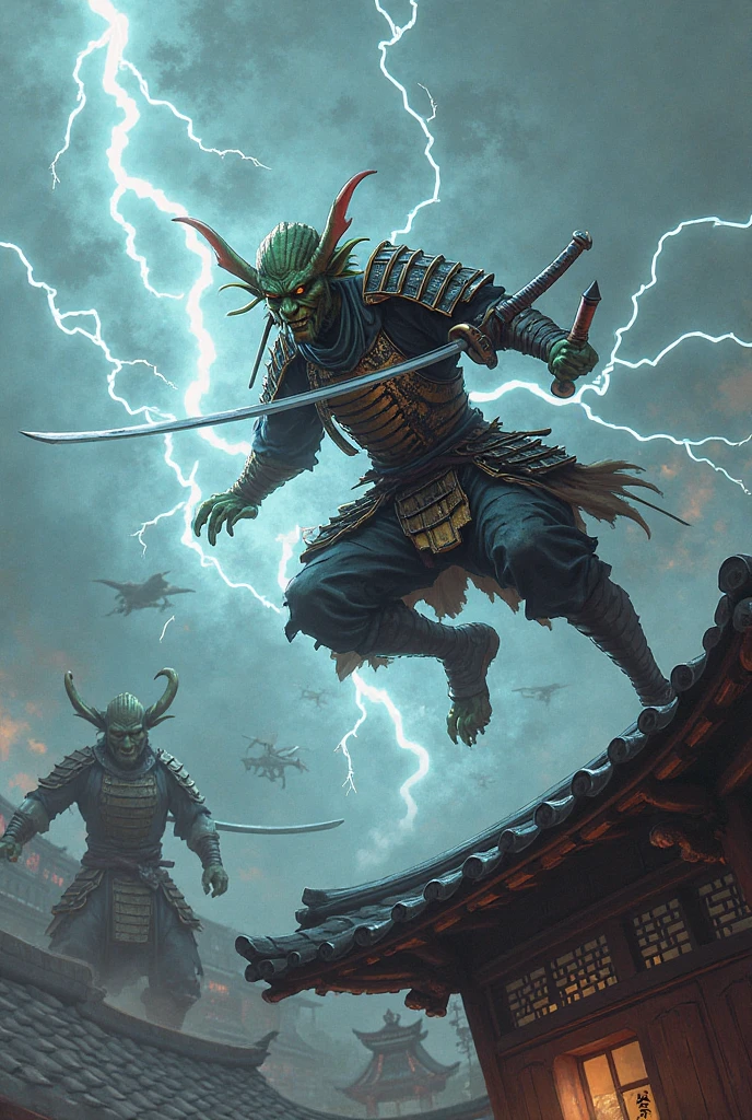 Create an image of a Goblin in samurai armor. He's drawing out his sword and coming out of it is a Chinese dragon in the form of lightning. He's jumping off a roof and heading toward the perspective of the image. Behind him is another samurai. He's just wearing a Japanese robe and one side down. He's wielding his sword and he's unsheathing it. backplandev {x} Some ghostly spirits come out when unraveling. The background must be an ancient Japanese city