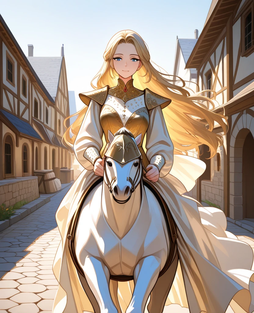 8K,Photorealsitic Raw photography top-quality;1.4) (1 Mature Saint) Super beauty(Lifelike face) Wear a blue and white sacred robe Ride a horse with gilded decorations and a silver cane long blonde hair and blue eyes A smile clergyman Beautiful expression 超A high resolution A hyper-realistic real looking skin