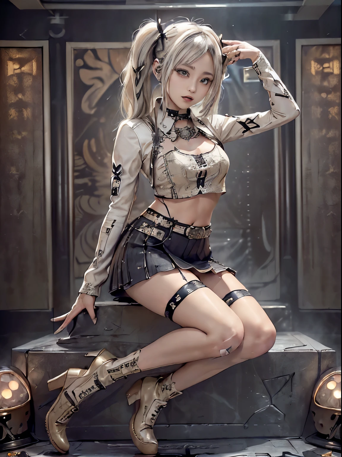 (((hyper detail)))), (ultrareal), (illustration), (high resolution), (8K), (very detailed), (best illustration), (beautiful detailed eyes), (best quality), (super detail), (masterpiece), (wallpaper), (detailed face), solo, one girl, white wavy hair, iris unusual eyes, small moles under the eyes, medium breasts, long legs