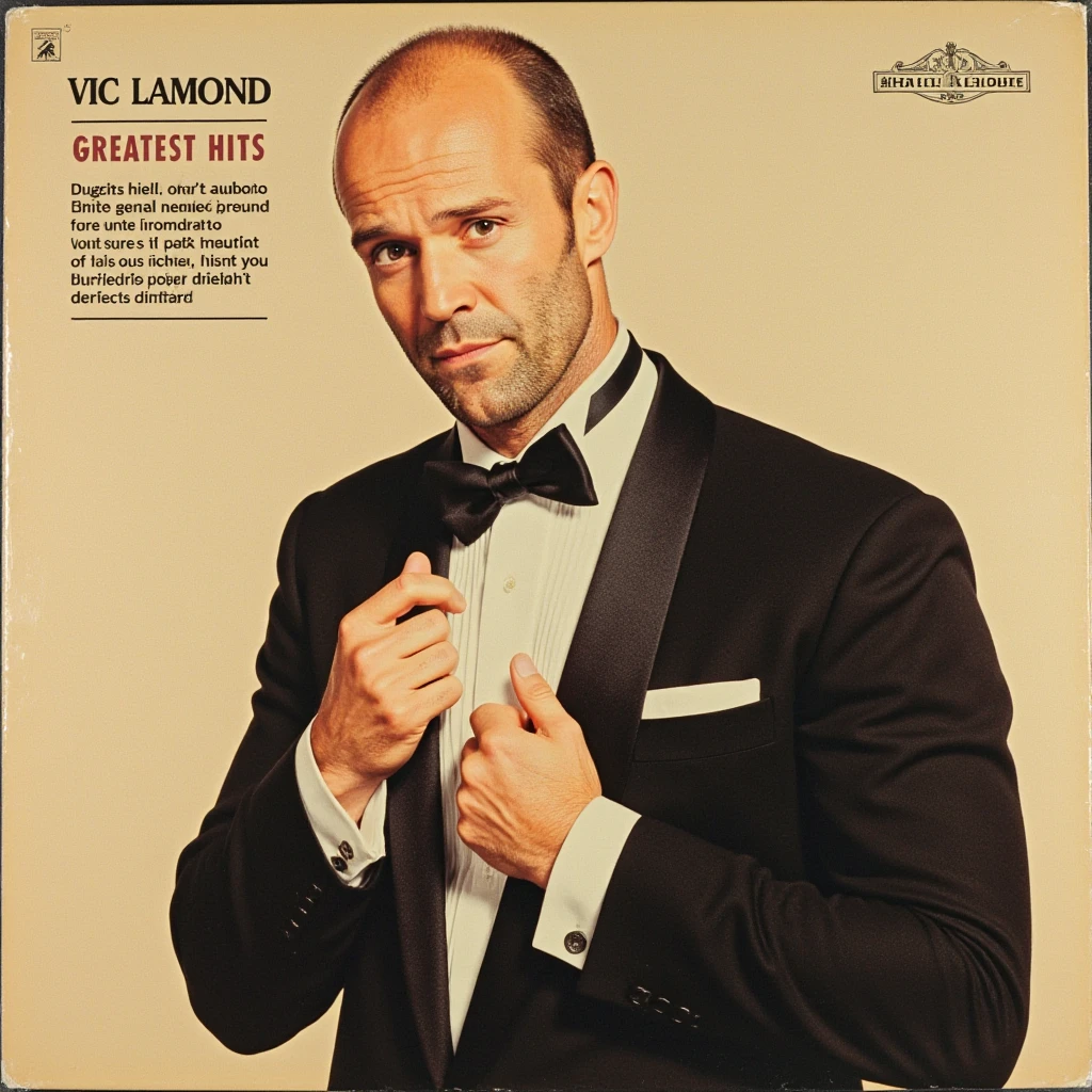 Close-up shot, vintage drawing, very handsome big muscular man wearing a black tuxedo, black tux jacket, white shirt, bow tie, Gun Barrel Sequence, Gun barrel sequence, dynamic pose, alpha male, Chad, thundercock bodybuilder, shaved head, receding hairline, skin head, bald, soft beard, vinyl album cover, vinyl music record cover, old LP cover, vintage image, 60s art style, main title in the cover is: "Vic Lamond Greatest Hits", sepia filter, drawing art style, 60s illustration art style
