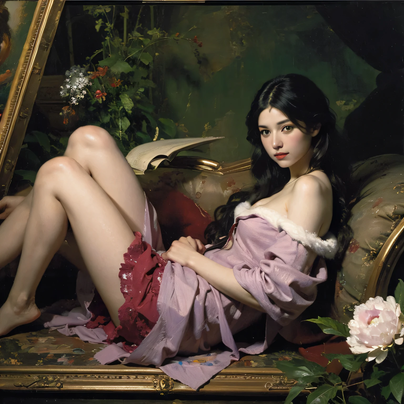 (oil painting:1.5), \\ a woman with (long curtly hair ), ((green eyes)) is lie on the ground, on fur, peony, (amy sol:0.248), , with skirt, (stanley artgerm lau:0.106), (a detailed painting:0.353), (gothic art:0.106)