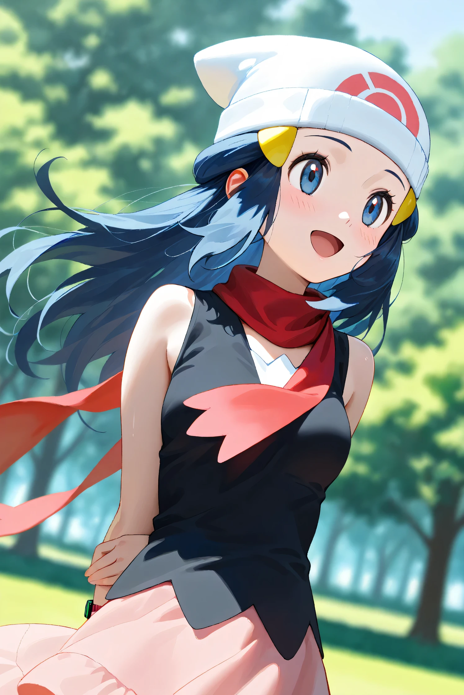 (Masterpiece), (Highest quality), (Very detailed), 
(The best shape), (Best Shadow), (Absurd), 
(Detailed background), (So beautiful), Shiny , 
Beautiful eyes in every detail, Extraordinary, Countershading, 8k, 32K, High resolution, 
Very Detailed CG, UHD,

Score_9, Score_8_up, Score_7_up, Source_anime, 
(Pastel painting:1.2), (Watercolor painting:1.2),
(Masterpiece, Detailed:1.2), (Foreshortening:1.2),

Cinematic, Dramatic, (Depth of field:1.4),
(Blurry background:1.4), (Realistic background:1.4),
(Foreshortening:1.3),Dynamic angle, 1 girl,
Outdoor, Nature, Park, Wind,
from below,

Hikari, Pokémon, Anime style,
aadawn, long hair, blue hair, beanie, white headwear, hair ornament, blue eyes, breasts, red scarf, sleeveless shirt, black shirt, wristwatch, bracelet, pink skirt,
Wristwatch on the right wrist,
(Bracelet on left wrist:1.1),

Portrait, Focus on face, (Close up shot:1.2),
(Blush:1.3), Smile, Happy, Joyful, open mouth,
Shiny skin,
arms behind back,