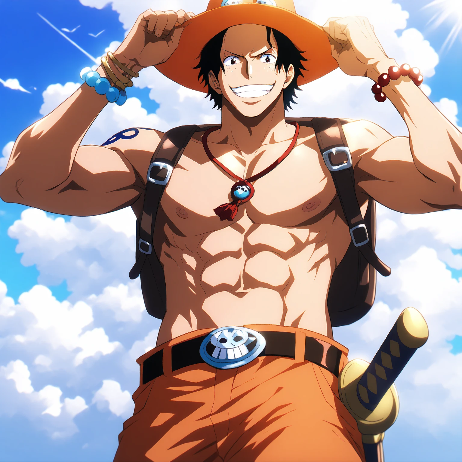 Luffy from one piece, muscular, wearing a straw hat, hand holding hat