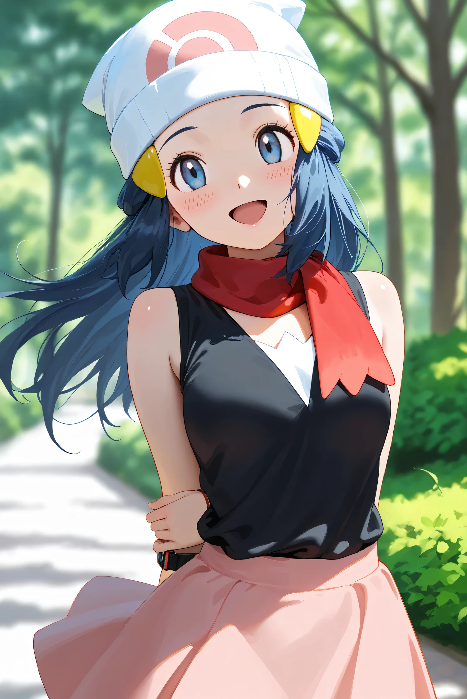 (Masterpiece), (Highest quality), (Very detailed), 
(The best shape), (Best Shadow), (Absurd), 
(Detailed background), (So beautiful), Shiny , 
Beautiful eyes in every detail, Extraordinary, Countershading, 8k, 32K, High resolution, 
Very Detailed CG, UHD,

Score_9, Score_8_up, Score_7_up, Source_anime, 
(Pastel painting:1.2), (Watercolor painting:1.2),
(Masterpiece, Detailed:1.2), (Foreshortening:1.2),

Cinematic, Dramatic, (Depth of field:1.4),
(Blurry background:1.4), (Realistic background:1.4),
(Foreshortening:1.3),Dynamic angle, 1 girl,
Outdoor, Nature, Park, Wind,
from below,

Hikari, Pokémon, Anime style,
aadawn, long hair, blue hair, beanie, white headwear, hair ornament, blue eyes, breasts, red scarf, sleeveless shirt, black shirt, wristwatch, bracelet, pink skirt,
Wristwatch on the right wrist,
(Bracelet on left wrist:1.1),

Portrait, Focus on face, (Close up shot:1.2),
(Blush:1.3), Smile, Happy, Joyful, open mouth,
Shiny skin,
arms behind back,