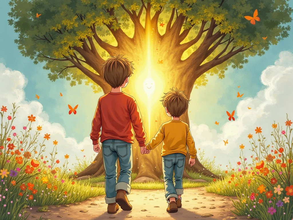 Create a ren's illustration depicting two ren ,  Leo with short light brown hair, a red long sleeve shirt, long jeans and brown shoes, Francesco,  with short light brown hair, a yellow long sleeve shirt, of long blue jeans and brown shoes, shorter than his brother, piccoli, they walk on the dirt road that leads to a gigantic centuries-old tree that represents happiness, happy background with flowers and butterflies, with an indefinite smiling being that emits yellow light, the contours must be uneven, Like a stain, must look drawn, watercolor effect