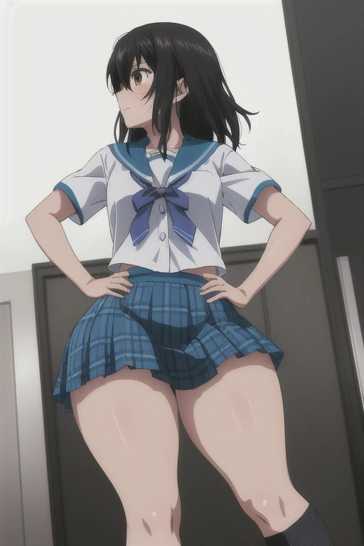 (floral printed panties:1.0), (white cotton panties:1.0), (white background:1.0), (best quality:1.0), (masterpiece:1.0), (super fine illustration:1.0), (beautiful artwork:1.0), (anime screencap:1.0), (official art:1.0), (solo:1.0), (JHSGA:1.0), (a 15yo cute girl:1.0), (long skirt:1.0), (dark blue skirt:1.0), (pleated skirt:1.0), (dark blue sailor uniform:1.0), (long sleeve sailor uniform:1.0), (sneakers:1.0), (white socks:1.0), (ideal ratio body proportions:1.0), (lanky:1.0), (tall:1.0), (slender:1.0), (small breasts:1.0), (smaller face:1.0), (tareme:1.0), (detailed beautiful eyes:1.0), (detailed beautiful face:1.0), (glowing black eyes:1.0), (medium hair:1.0), (black hair:1.0)