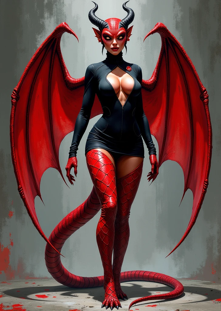 Red skin succubus tiefling, medium breasts, black horns, wings, huge tail, black leather, tall, toned, graceful, thin, long black ponytail. Action scene, shotgun.