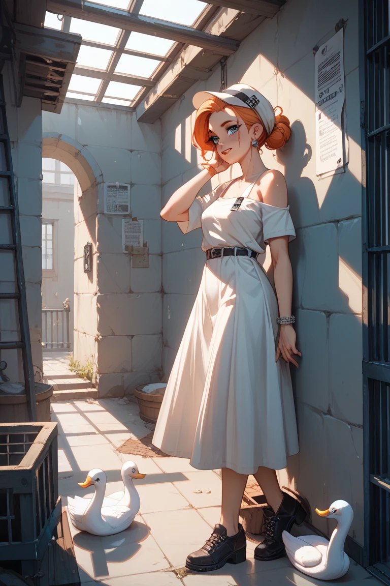 A pure white prison in the center of a large quagmire lake。There is a big chimney in the prison and it looks like a swan somewhere。 the time zone is daytime 