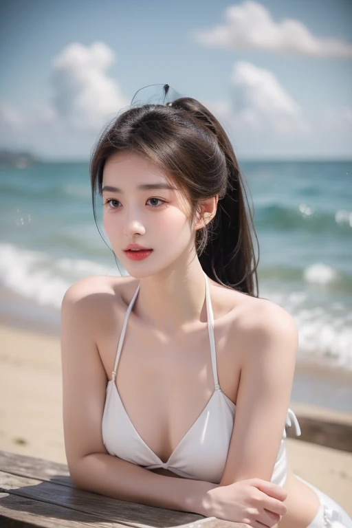 ((masterpiece、top-quality))、Slender system、Sexy swimming costume、The bikini、the beach、pigtails hair、Eyeshadow Makeup、Dark mascara、thicc body、Charming smile、kawaii、Realistic lighting、wide waist、big butt cheeks、Colossal tits、breasts indentation、intricate detailes、hightquality、(Photorealsitic)、(rich:1.4)、ultra realistic 8k cg、picture-perfect face、flawless、、masterpiece、 Professional artwork、famousartwork、face perfect、beautiful countenance、beautidful eyes、1girl、KPOP Idol