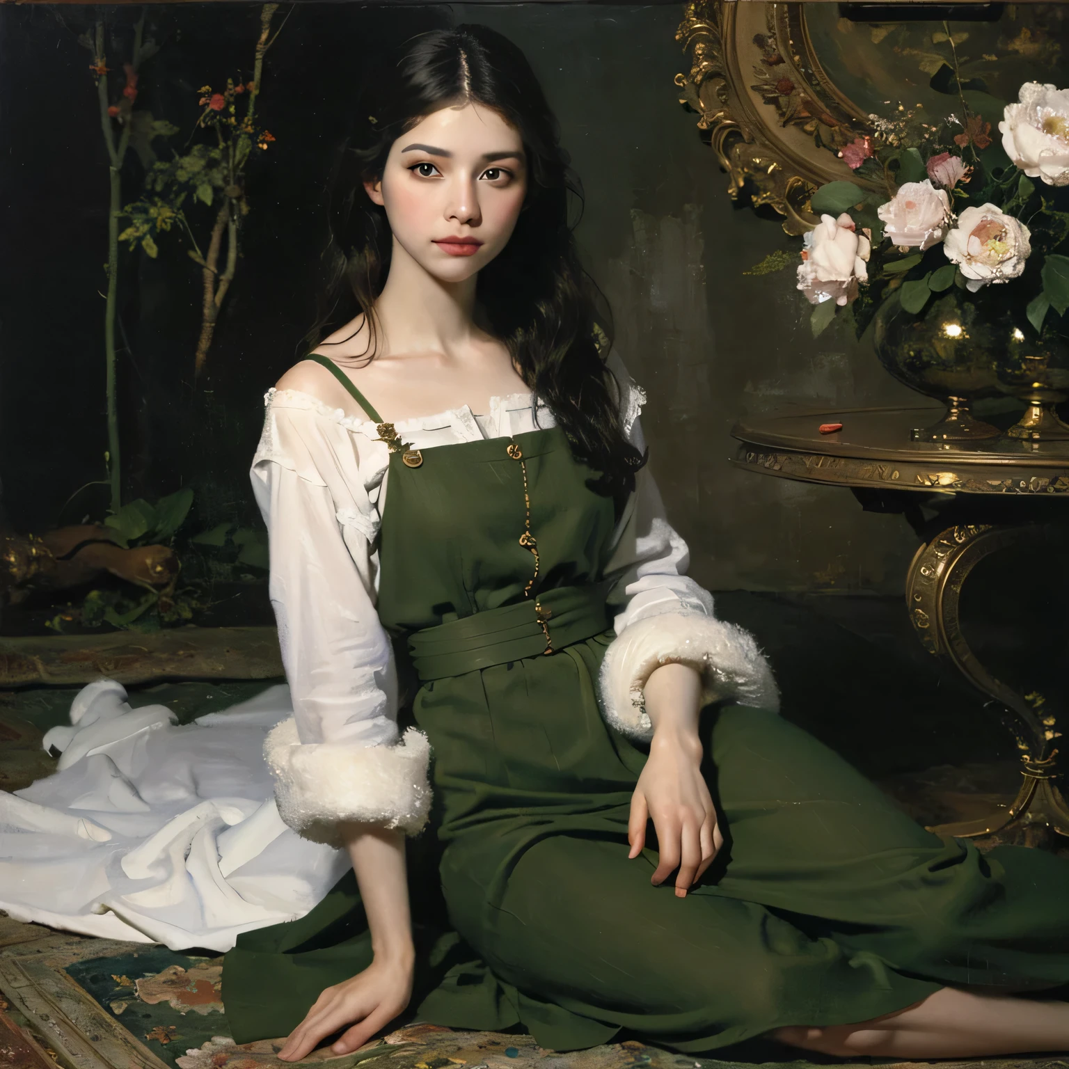 (oil painting:1.5), \\ a woman with (long curtly hair ), ((green eyes)) is lie on the ground, on fur, peony, (amy sol:0.248), , with skirt, (stanley artgerm lau:0.106), (a detailed painting:0.353), (gothic art:0.106)

