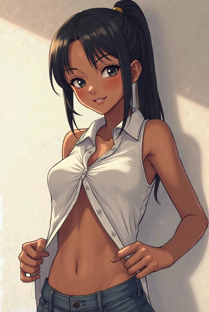 hyperrealism, photorealistic, 1nagatoro1, 20 yo female, solo, 1female, toned, wide hips, long black hair, very skinny, very thin, very slim, very slender, thick thighs, ifbb, thick lips, thin waist, slendered abs, narrow waist, small waist, dark skin, tan, tanned, tanlines, tan skin, tanned skin, light brown skinned, lipstick, cheetah-print thong, see-through mesh sarong, wet translucent blazer, no bra, high detail
