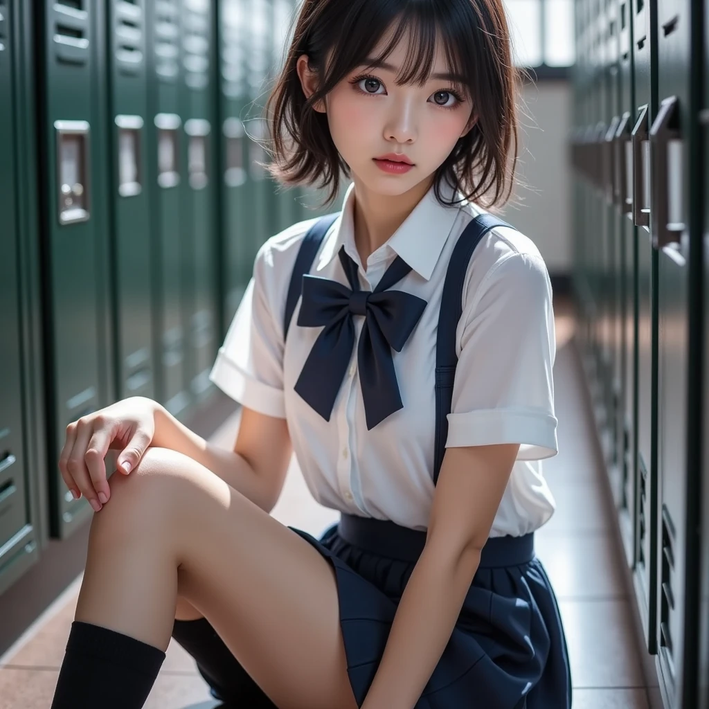 Best image quality, RAW photos, super high resolution, gentle smile, 16-year-old Korean, very big breasts, tie, ribbon, school uniform, collared shirt, school uniform shirt, plaid skirt, fair skin, shiny white skin, short bob, bright silver hair, bright gray hair, neatly aligned bangs, beautiful eyes, beautiful eyes of random colors, very thin lips, beautiful eyes with details, elongated eyes, pale pink blush, long eyelashes, beautiful double eyelids, eyeshadow, earrings, night school, dimly lit library at night, library desk, squatting on desk, squatting