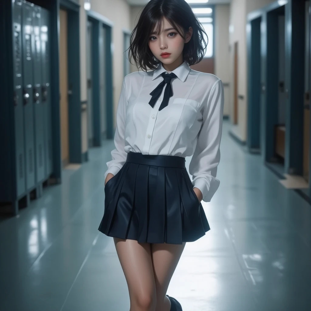 absurdres, RAW photo, extremely delicate and beautiful, masterpiece, Best Quality, ultra high resolution, 32k, hyperrealistic, ultra-detailed, perfect anatomy, perfect figure, super Detailed skin, Very detailed CG 8k wallpaper, in her 20s, very Slim body, narrow waist, very small head, very small face, delicate facial features, tearful mole, earring, thin legs, (very huge round breasts:1.2), (full body shot:1.2), (solo:1.2), short hair, (wavy hair:1.2), wet clothes, collared shirts, gray pleated mini skirt, blue plaid tie,