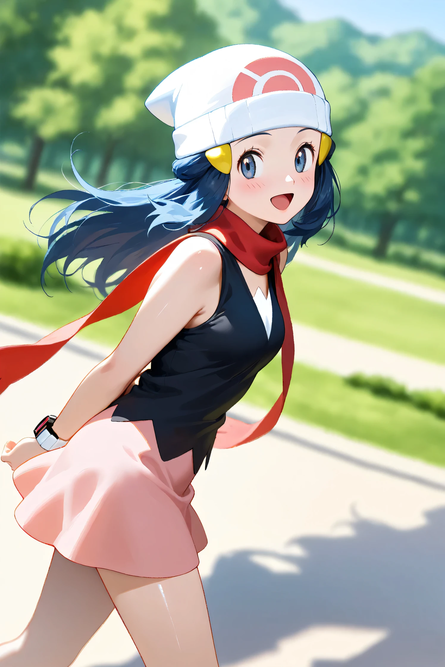 (Masterpiece), (Highest quality), (Very detailed),
(The best shape), (Best Shadow), (Absurd),
(Detailed background), (So beautiful), Shiny ,
Beautiful eyes in every detail, Extraordinary, Countershading, 8k, 32K, High resolution,
Very Detailed CG, UHD,
Score_9, Score_8_up, Score_7_up, Source_anime,
(Pastel painting:1.2), (Watercolor painting:1.2),
(Masterpiece, Detailed:1.2), (Foreshortening:1.2),
Cinematic, Dramatic, (Depth of field:1.4),
(Blurry background:1.4), (Realistic background:1.4),
(Foreshortening:1.3),Dynamic angle, 1 girl,
Outdoor, Nature, Park, Wind,
from side,
Hikari, Pokémon, Anime style,
aadawn, long hair, blue hair, beanie, white headwear, hair ornament, blue eyes, breasts, red scarf, sleeveless shirt, black shirt, wristwatch, bracelet, pink skirt,
Wristwatch on the right wrist,
(Bracelet on left wrist:1.1),
Portrait, Focus on face, (Close up shot:1.2),
(Blush:1.3), Smile, Happy, Joyful, open mouth,
Shiny skin,
arms behind back,
