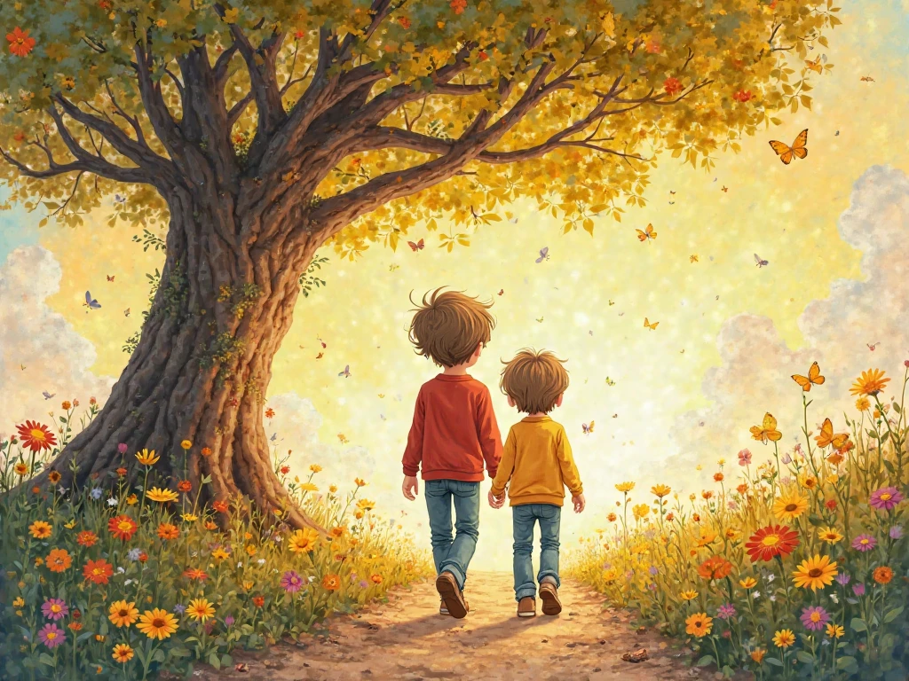 Create a ren's illustration depicting two ren ,  Leo with short light brown hair, a red long sleeve shirt, long jeans and brown shoes, Francesco,  with short light brown hair, a yellow long sleeve shirt, of long blue jeans and brown shoes, shorter than his brother, piccoli, they walk on the dirt road that leads to a gigantic centuries-old tree that represents happiness, happy background with flowers and butterflies, with an indefinite smiling being that emits yellow light, the contours must be uneven, Like a stain, must look drawn, watercolor effect