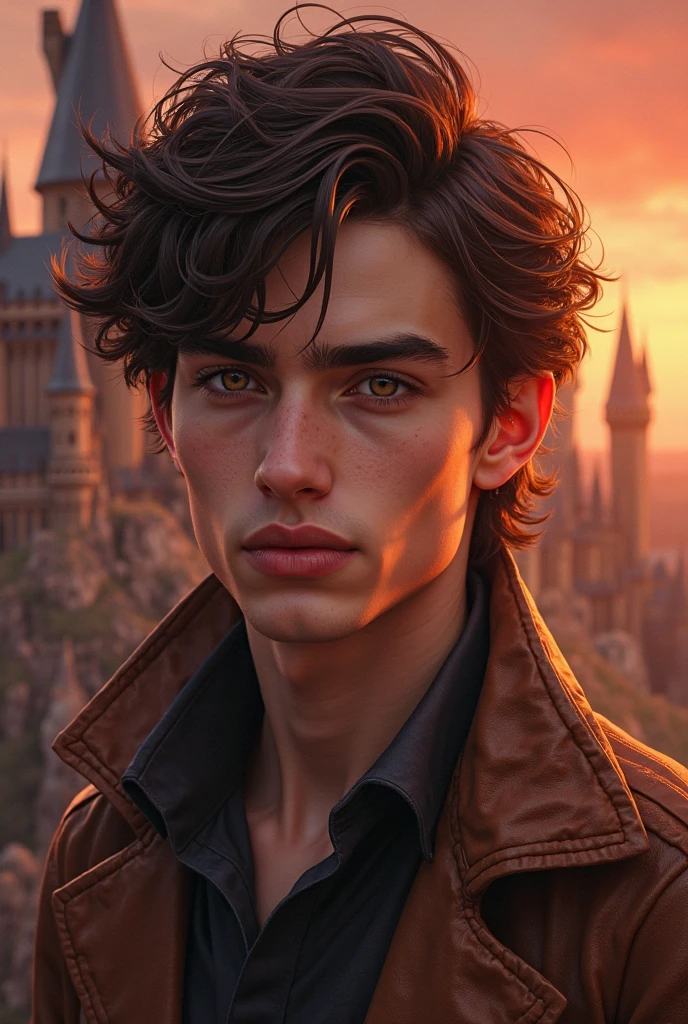 beauty faces, brown eyes、brunette、curly hair, light leather, guy next to me , beauty faces, Without a beard, young, similar to Tom Marvello Reddle, wizards,  hogwarts, shades of red  