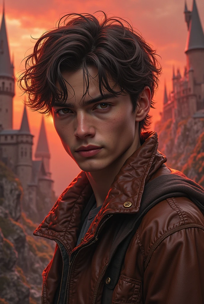 beauty faces, brown eyes、brunette、curly hair, light leather, guy next to me , beauty faces, Without a beard, young, similar to Tom Marvello Reddle, wizards,  hogwarts, shades of red  